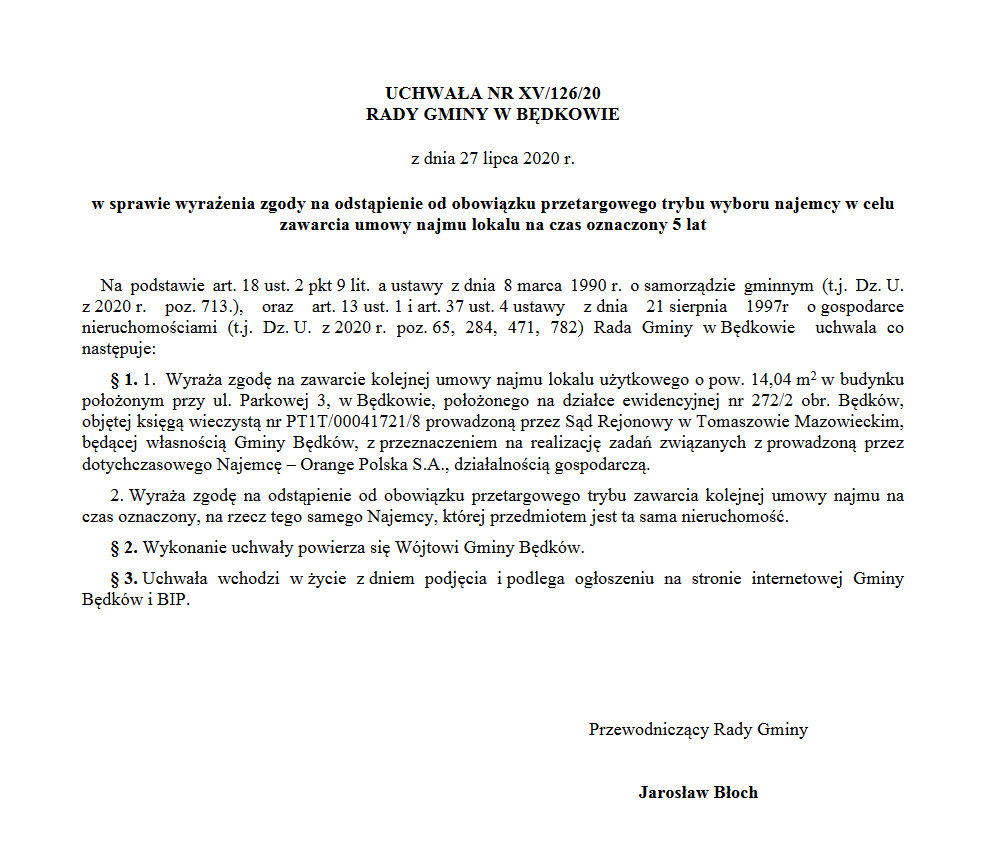 Uchwała nr XV/126/20 Rady Gminy w Będkowie z dnia 27 lipca 2020r. 